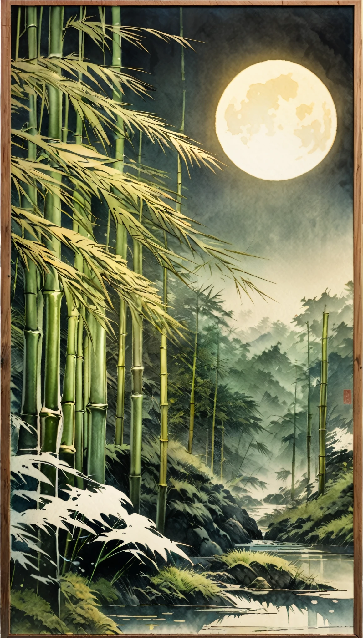 Japanese painting, woodblock painting, watercolor painting, bright green, bamboo forest, one bamboo stalk glowing golden, background huge full moon, (ultra detailed, absolutely resolution, best quality:1.3), 2.5D, delicate and dynamic, artistic, hyper, graphic CG digital art