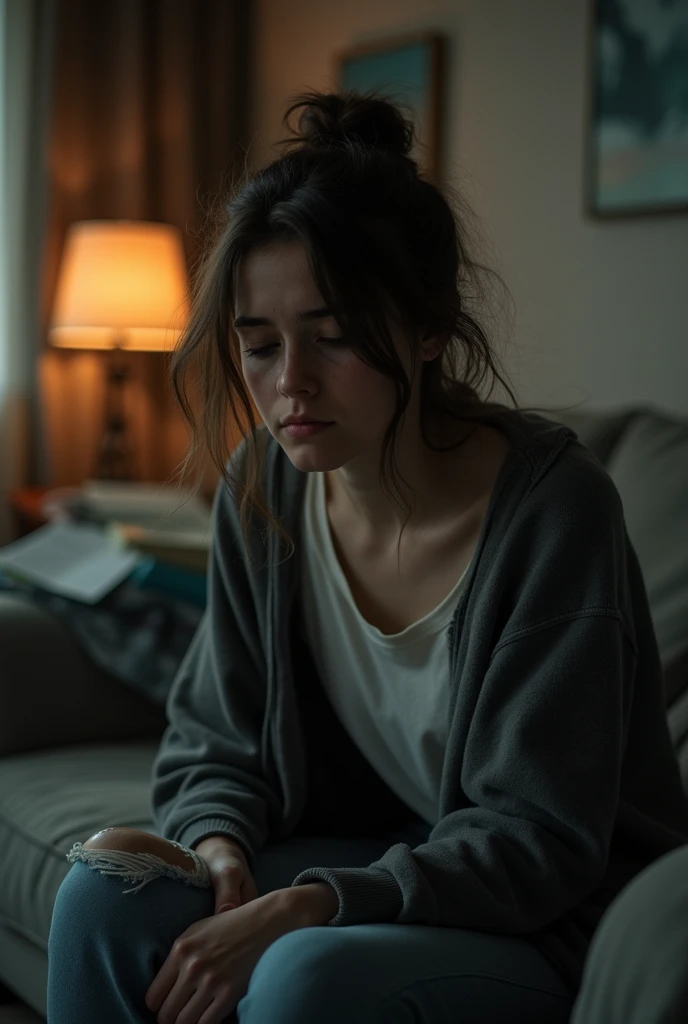 A realistic image of a young woman with an expression of fatigue and stress surrounded by a dark gray aura in the living room of her home.
