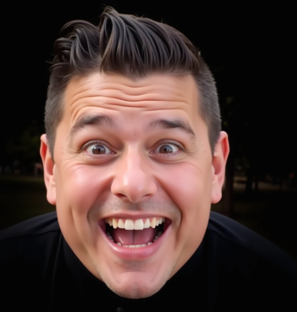 A medium fat man，Dressed in black, Wearing blue denim shorts. The man is holding fried chicken in his hand，His hair is egg shaped