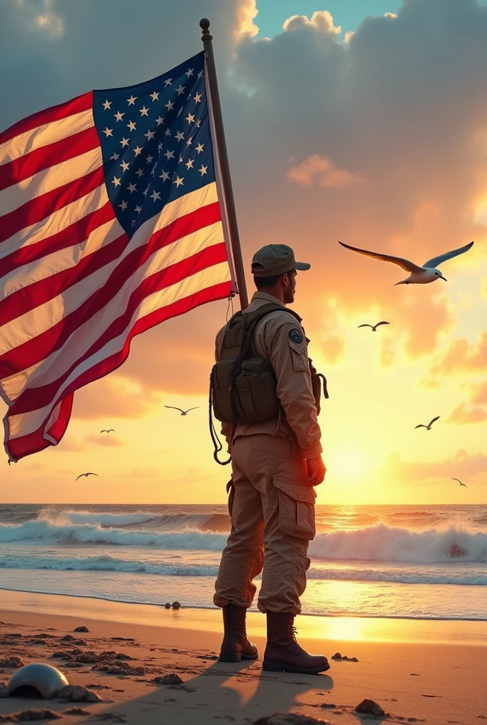 Soldier standing with a US flag on a beach