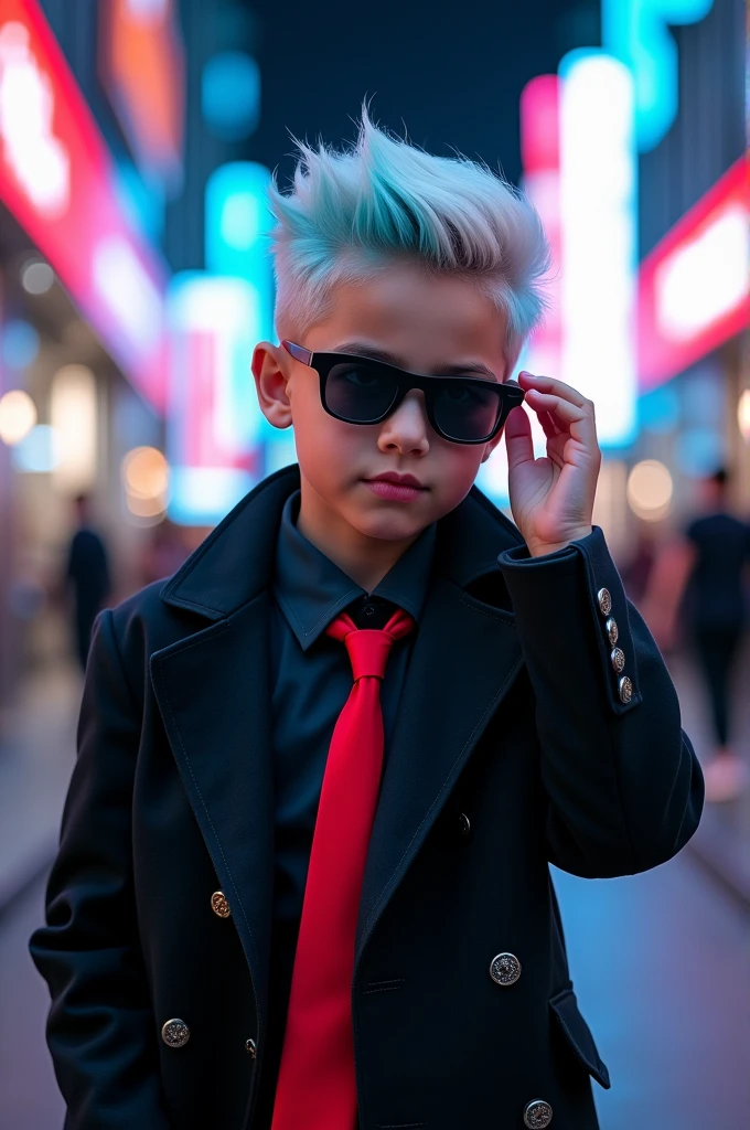 Hair color white and cyan and sunglasses and black coat with red tie boy