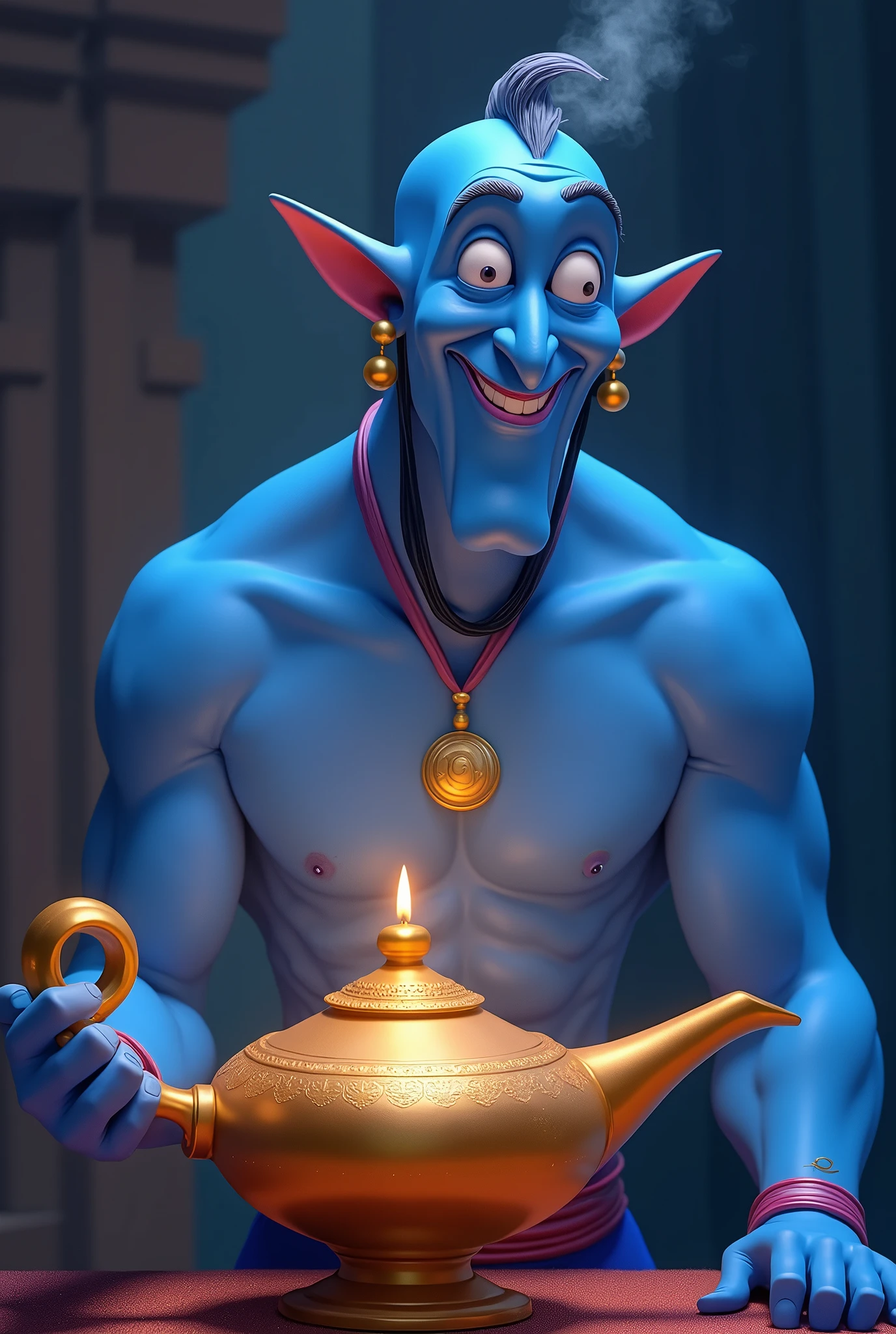Genie, the jolly lamp fairy from Aladdin. She serves Aladdin as his master and faces various adventures. Jeannie's expression is curious, faintly super-cheerful and good at telling jokes. She is a gentle lamp nymph who always makes everyone around her feel at ease. She is begging for freedom to escape from the lamp where she belongs. Jeannie is a large, macho man with a blue body. He specialises in the ability to transform into anything. He makes the lamp his home and when he rubs it, smoke comes out from the lamp's mouth. It should be wide open, reflecting the surreal world of the desert kingdom of Agrabah. Jolly lamp fairies Jeannie, Aladdin and the Wizard. The lighting is soft yet dramatic, the suitors just as pretentious as they are affectionate and crave freedom. A modern woman who is intelligent, strong and sometimes uses her own beauty as a weapon. The colour palette mixes soft pastels with dark, introspective tones, creating a balance between innocence and her complex thoughts.