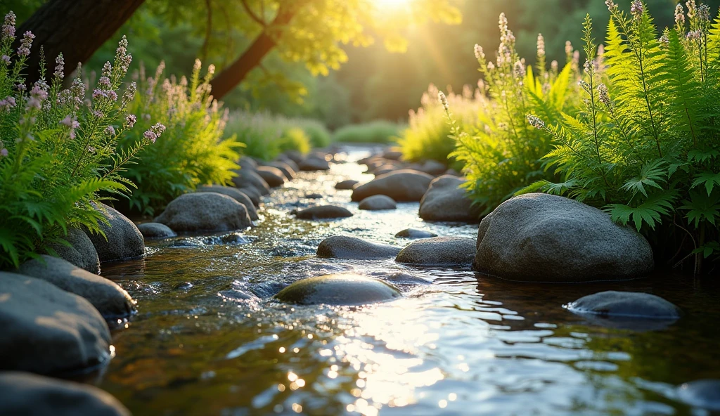 best quality, Streams, Rocks sinking in a stream