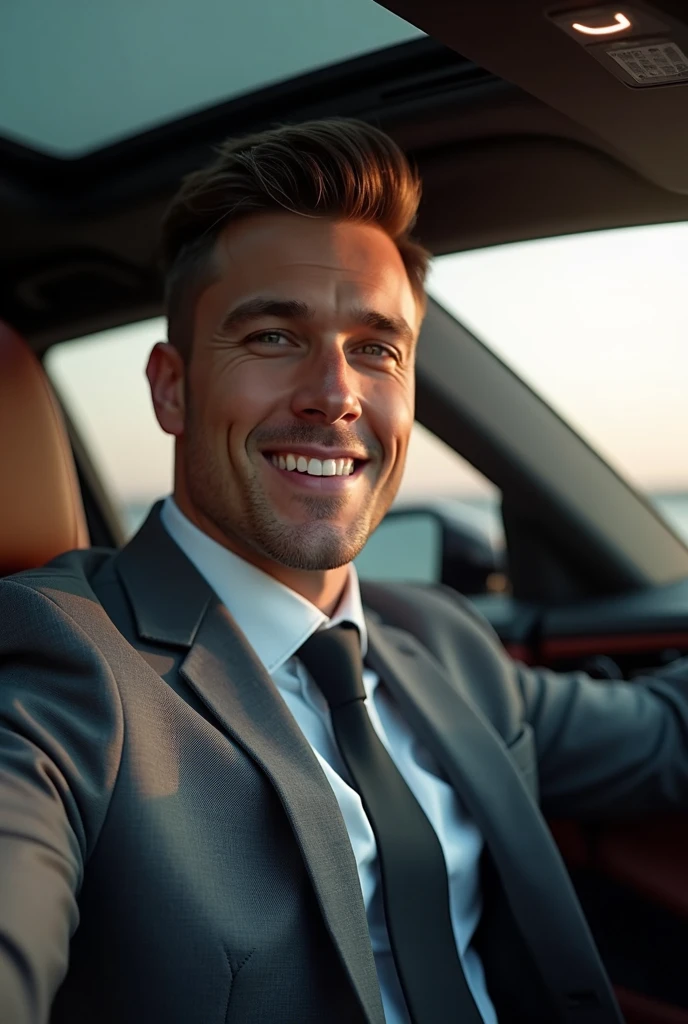 ((1homem, 32 to 36 years old)), | "独奏", ((muscular body)), ((short brown hair:0.6)), ((slickedback hair)), ((eyes browns:0.6)), (fully body), (tools), (detalhes realista), (photo realist), (perfect body structure), (pele banhada pelo sol), (face perfect), (high-detailed face), (calm expression.), (slightly-smile), (white teeth:1.3), (gazing at viewer), (((pose diagonal))), Front view | He is wearing a slim-fit bespoke suit in shades of dark gray, with a white shirt and black silk tie. His style is elegant and contemporary, reflecting confidence and sophistication | He is sitting in the driver's seat of a "Porsche Panamera Turbo S E-Hybrid", with one hand on the leather-wrapped steering wheel and the other adjusting the controls on the dashboard. Seu rosto mostra um slightly-smile, with a focused expression while driving, highlighting his imposing profile against the ambient lighting.  | a selfie photo taken from a diagonal angle inside a sports car. The photo was taken using a state-of-the-art iPhone, capturing a portion of the panoramic sunroof, the front and rear seats, and the passenger door of a Porsche Panamera Turbo S, with its beautiful, modern and sophisticated custom interior design, uhd, masterpiece, super detail, best quality, 8k