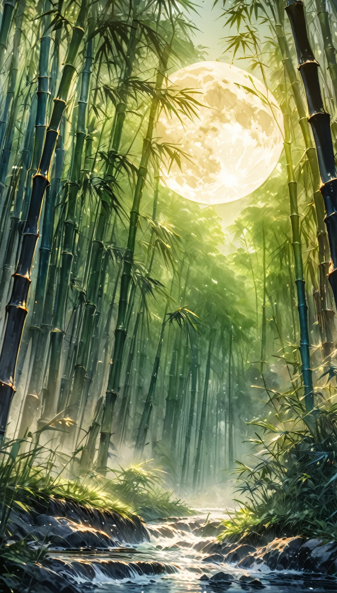 woodblock painting, watercolor painting, bright green, bamboo forest, one bamboo stalk glowing golden, background huge full moon, (ultra detailed, absolutely resolution, best quality:1.3), 2.5D, delicate and dynamic, artistic, hyper, graphic CG digital art