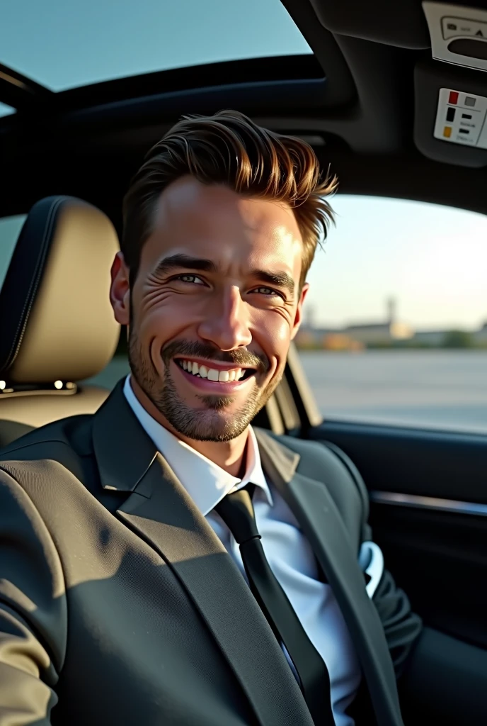((1homem, 32 to 36 years old)), | "独奏", ((muscular body)), ((short brown hair:0.6)), ((slickedback hair)), ((eyes browns:0.6)), (fully body), (tools), (detalhes realista), (photo realist), (perfect body structure), (pele banhada pelo sol), (face perfect), (high-detailed face), (calm expression.), (slightly-smile), (white teeth:1.3), (gazing at viewer), (((pose diagonal))), Front view | He is wearing a slim-fit bespoke suit in shades of dark gray, with a white shirt and black silk tie. His style is elegant and contemporary, reflecting confidence and sophistication | He is sitting in the driver's seat of a "Porsche Panamera Turbo S E-Hybrid", with one hand on the leather-wrapped steering wheel and the other adjusting the controls on the dashboard. Seu rosto mostra um slightly-smile, with a focused expression while driving, highlighting his imposing profile against the ambient lighting.  | a selfie photo taken from a diagonal angle inside a sports car. The photo was taken using a state-of-the-art iPhone, capturing a portion of the panoramic sunroof, the front and rear seats, and the passenger door of a Porsche Panamera Turbo S, with its beautiful, modern and sophisticated custom interior design, uhd, masterpiece, super detail, best quality, 8k