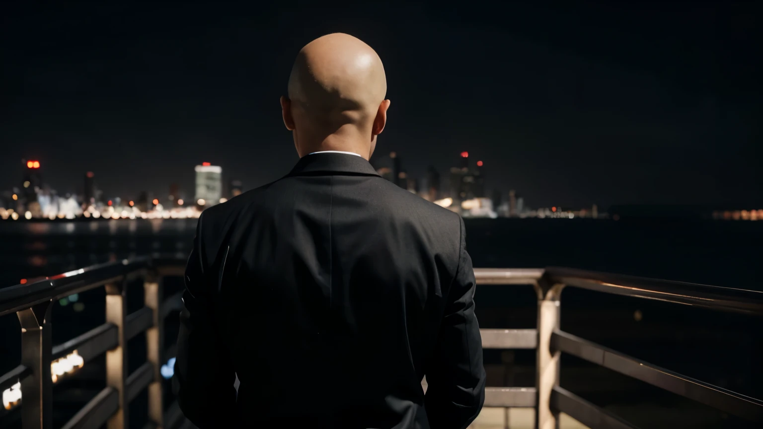 a realistic 1920x1080 image of a bald middle-aged man in a suit
- he is facing away and looking at the horizon
- he is in a city
- in front of him is a business
- use some red and black with a dark theme