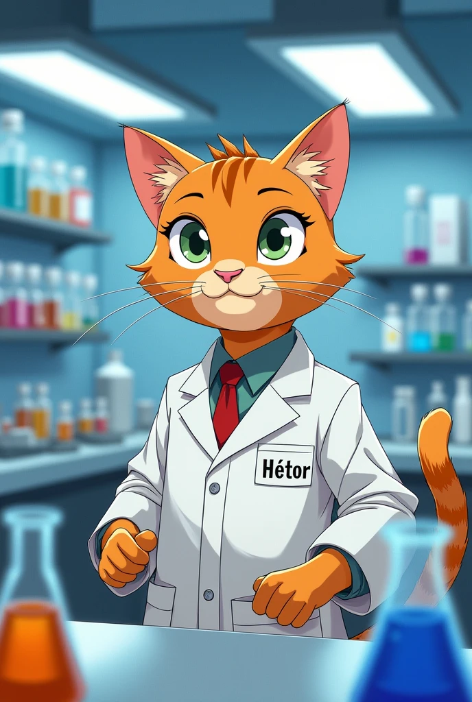 Orange male cat wearing a lab coat that says "QC Héctor"  processing samples in the clinical laboratory , anime style 