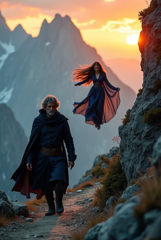 Man coming down the mountain and behind him, A beautiful witch comes flying behind him.