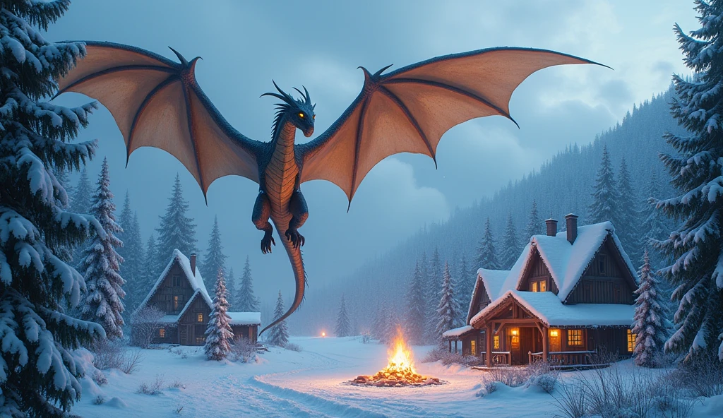 Beautiful art style,dragon,8K,Great scene,The cold northern forest,village,winter,Snow Scene,Heavy snow,bonfire