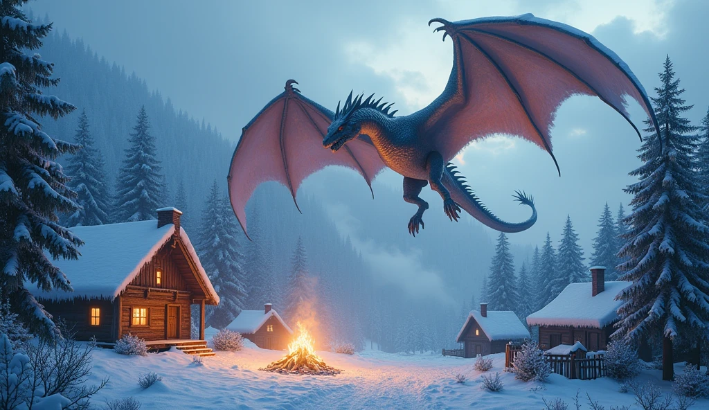Beautiful art style,dragon,8K,Great scene,The cold northern forest,village,winter,Snow Scene,Heavy snow,bonfire
