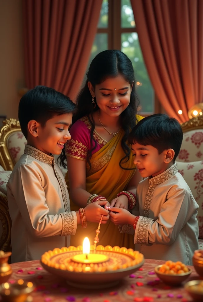 "Create a highly realistic and cinematic scene of Raksha Bandhan. In the scene, a beautiful girl is tying a Rakhi on the wrists of two handsome boys, all dressed in traditional Indian attire. The girl is wearing an elegant saree, and the boys are in well-fitted kurtas. The setting is inside a luxurious house with extraordinary interior design, featuring intricate decorations, plush furniture, and rich textures. The room is adorned with traditional Raksha Bandhan items like an aarti thali with a lit diya, tilak, garlands (mala), sweets, and other pooja items. Both boys have a tilak applied on their foreheads. The entire scene should be captured in stunning 8K resolution with a cinematic quality, emphasizing the vibrant colors and festive atmosphere."