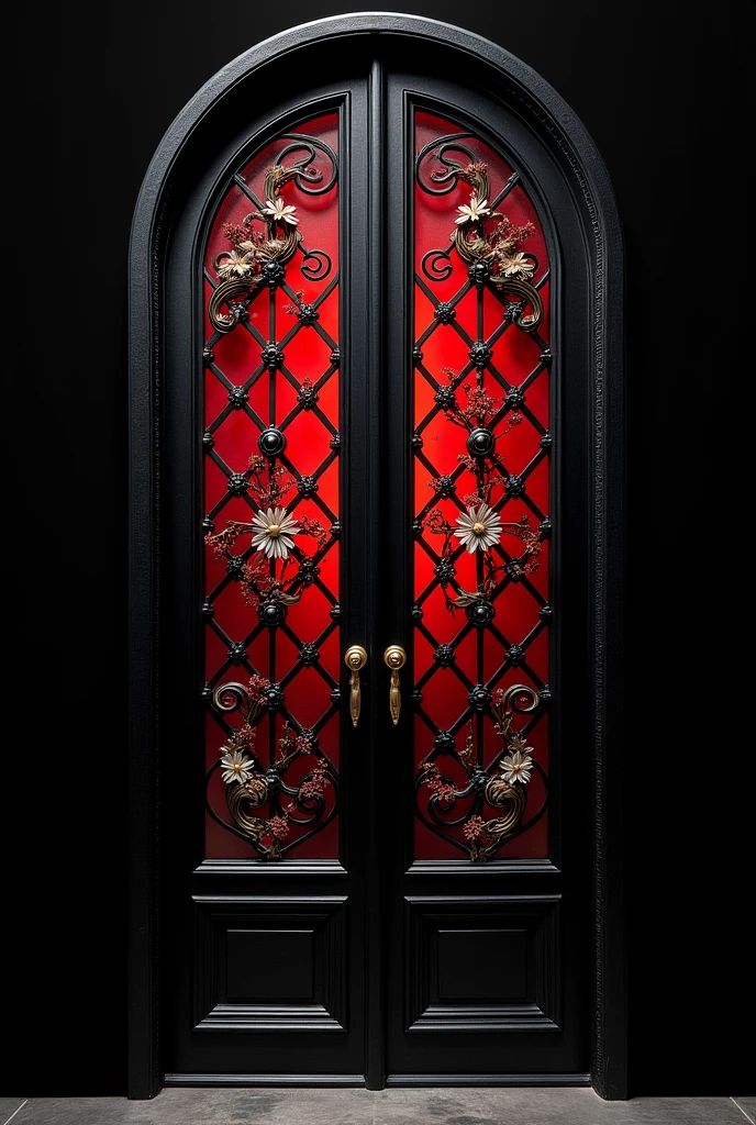 Black wrought iron door with a black background and a red diamond-shaped lattice with flowers at each vertex using three colors of red., white and gold
