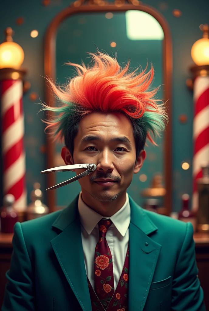 Barber shop logo, an unknown person whose hair is a hair removal brush and scissors coming out of his nose



 