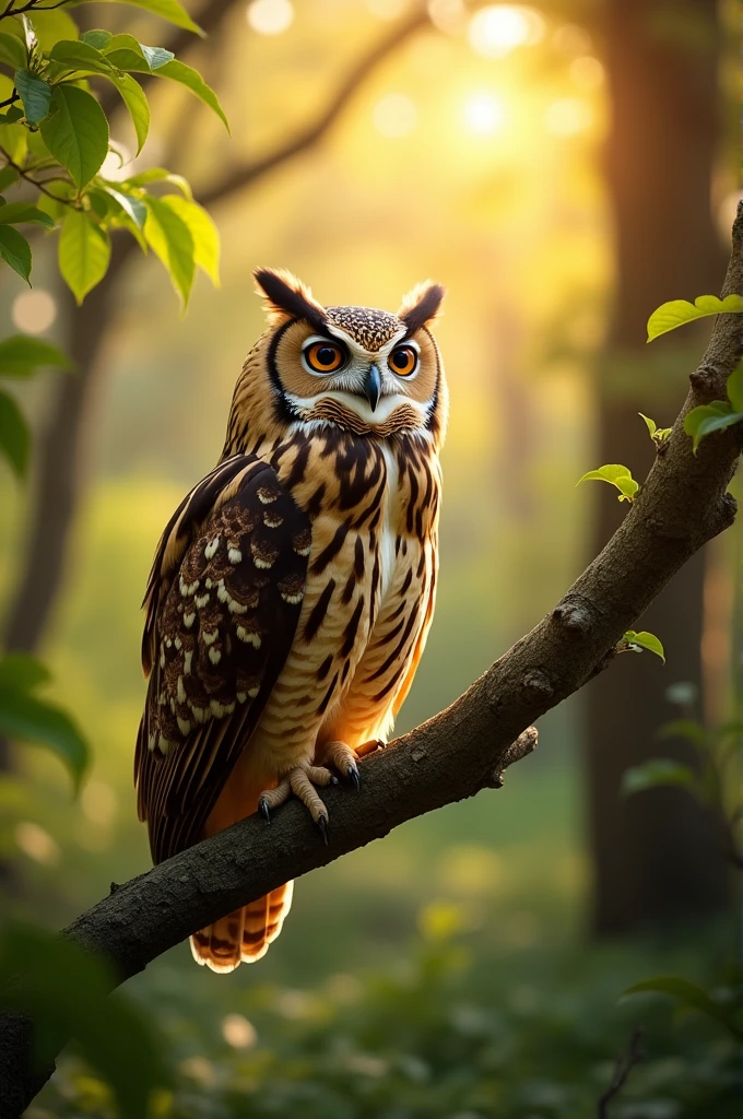 An owl in the sun standing on a branch