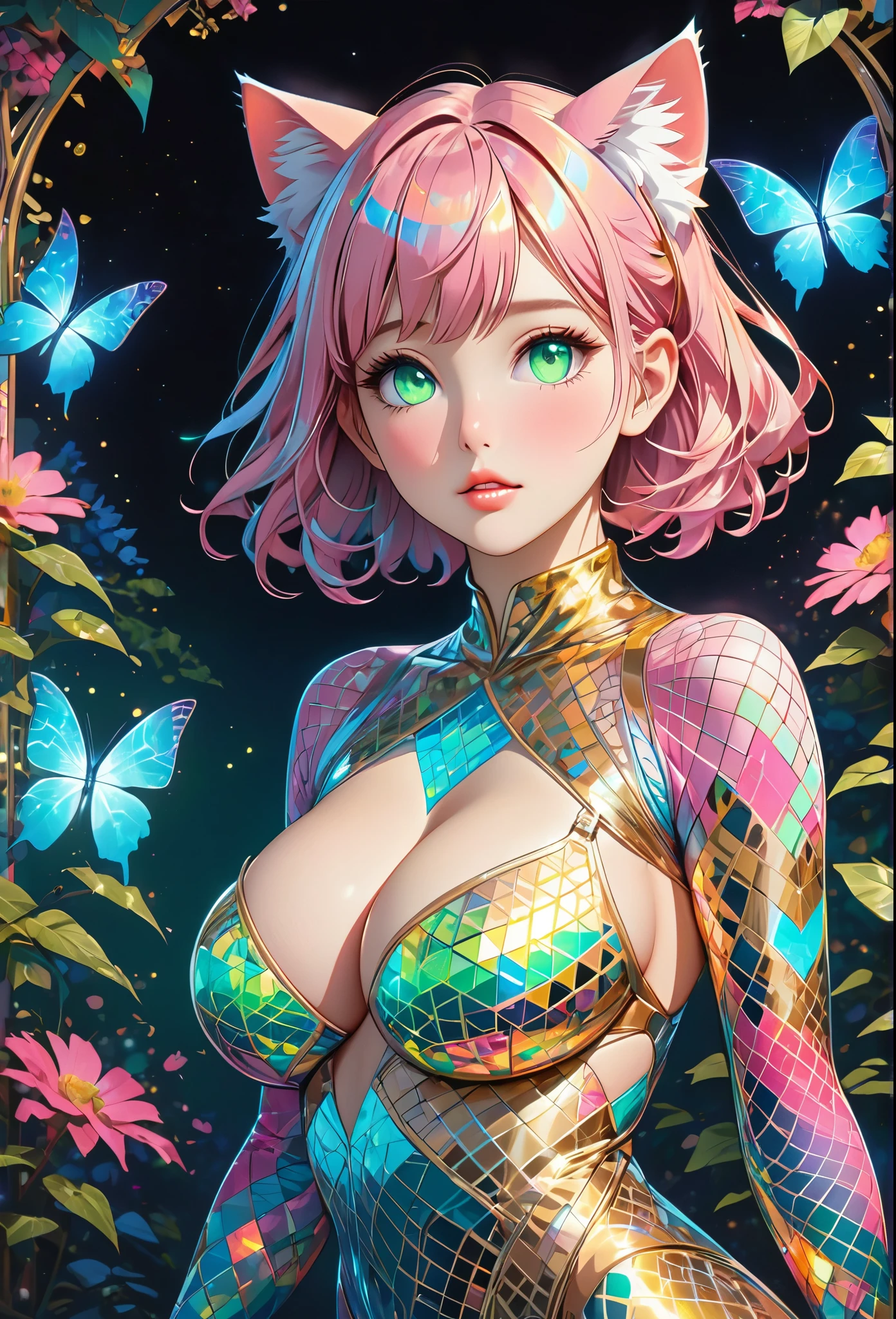 {Celestial hues, lofi, shiny aura, cute, pink hair, ((green eyes)), big pretty realistic eyes, ((cat girl), (huge breasts), (cleavage), sexy, submissive, highly detailed, holographic glowing motifs, geometric, perfect composition , beautiful, perfect eyes,  full lips, 96k, best quality, full shot ))) (masterpiece, top quality, best quality, official art, beautiful and aesthetic:1.2), (1girl:1.3), extremely detailed,(fractal art:1.1),(colorful:1.1),highest detailed,(zentangle:1.2), (dynamic pose), (abstract background:1.5), (gradient bodysuit:1.2), (shiny skin), (gold metallic:1.4), arms behind back, ((underboob)), sexy expression, submissive, blushing, 
