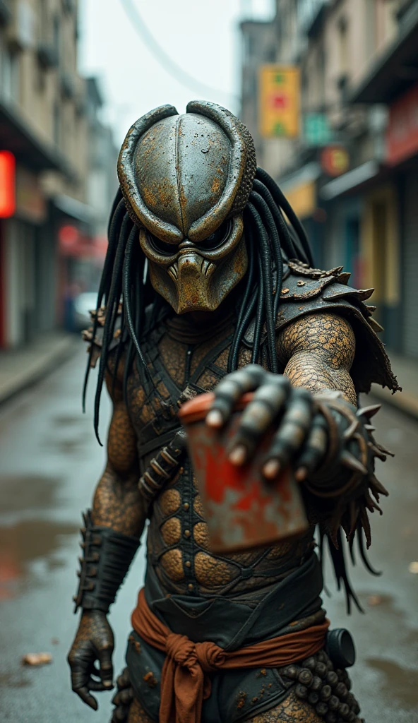 The Predator, hunched over in a tattered, dirty vest,,held out a rusty tomato can in a begging gesture towards the camera.,Pitiful,Predator helmet,His armor is all rusted,Street background,Depth of Field,High-resolution details,masterpiece