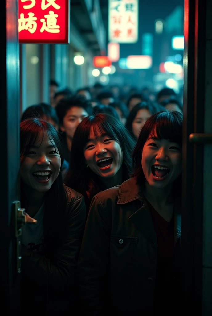 Lots of people, scary, smiles, smiles, lots of smiles, normal people, Japanese, night background, men and women, through the door scope, knife, blunt object