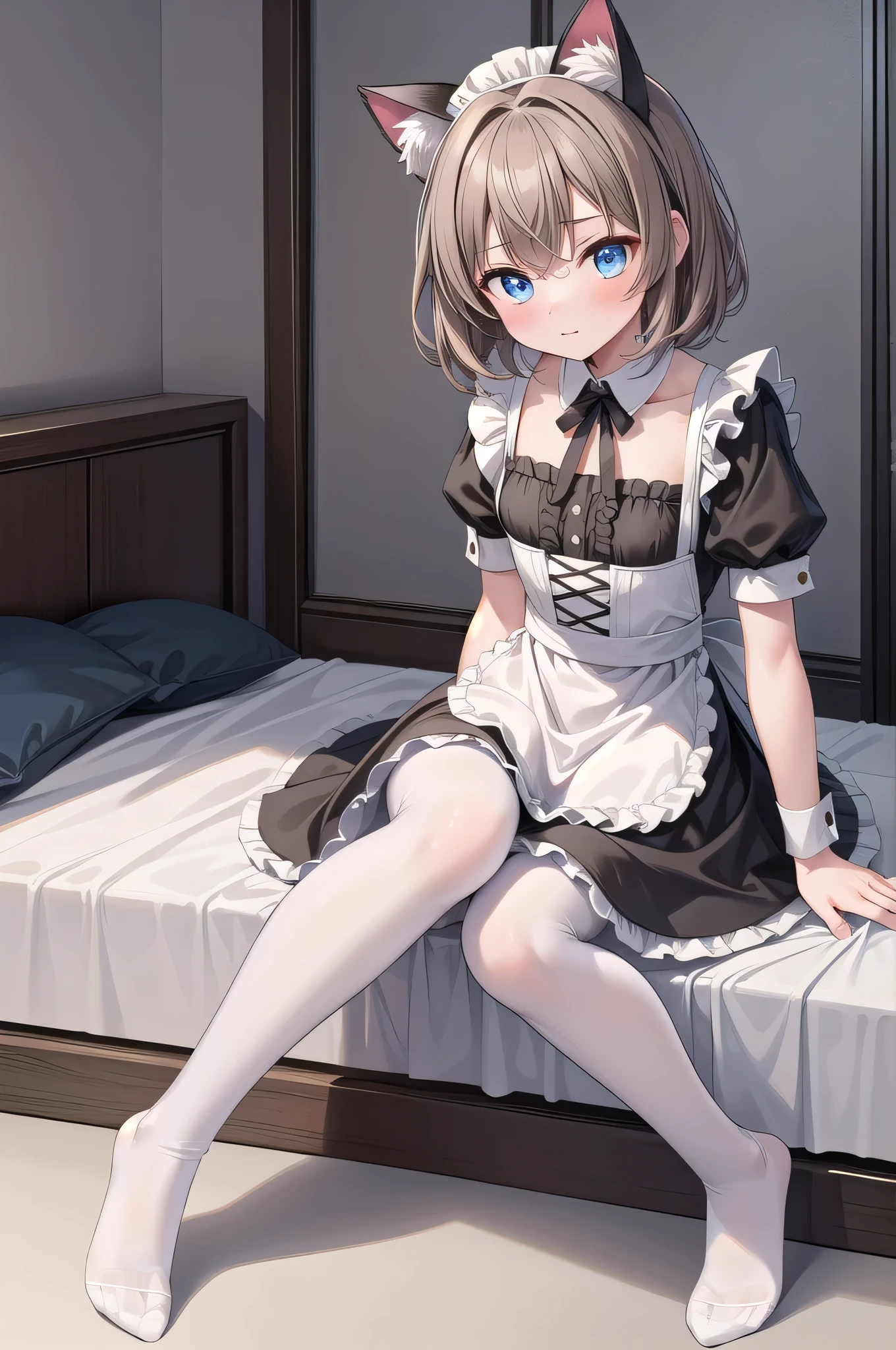 Solo Girl, 20-year-old,Medium Hair, Light brown hair, Mid-chest, highest quality, High resolution, Very detailed, Detailed Background, Perfect lighting、Extreme maid outfit、very cute, Blue eyes, a pair of cat ears, Blush, white silk socks, Black pantyhose, Stretch your foot over, No shoes on