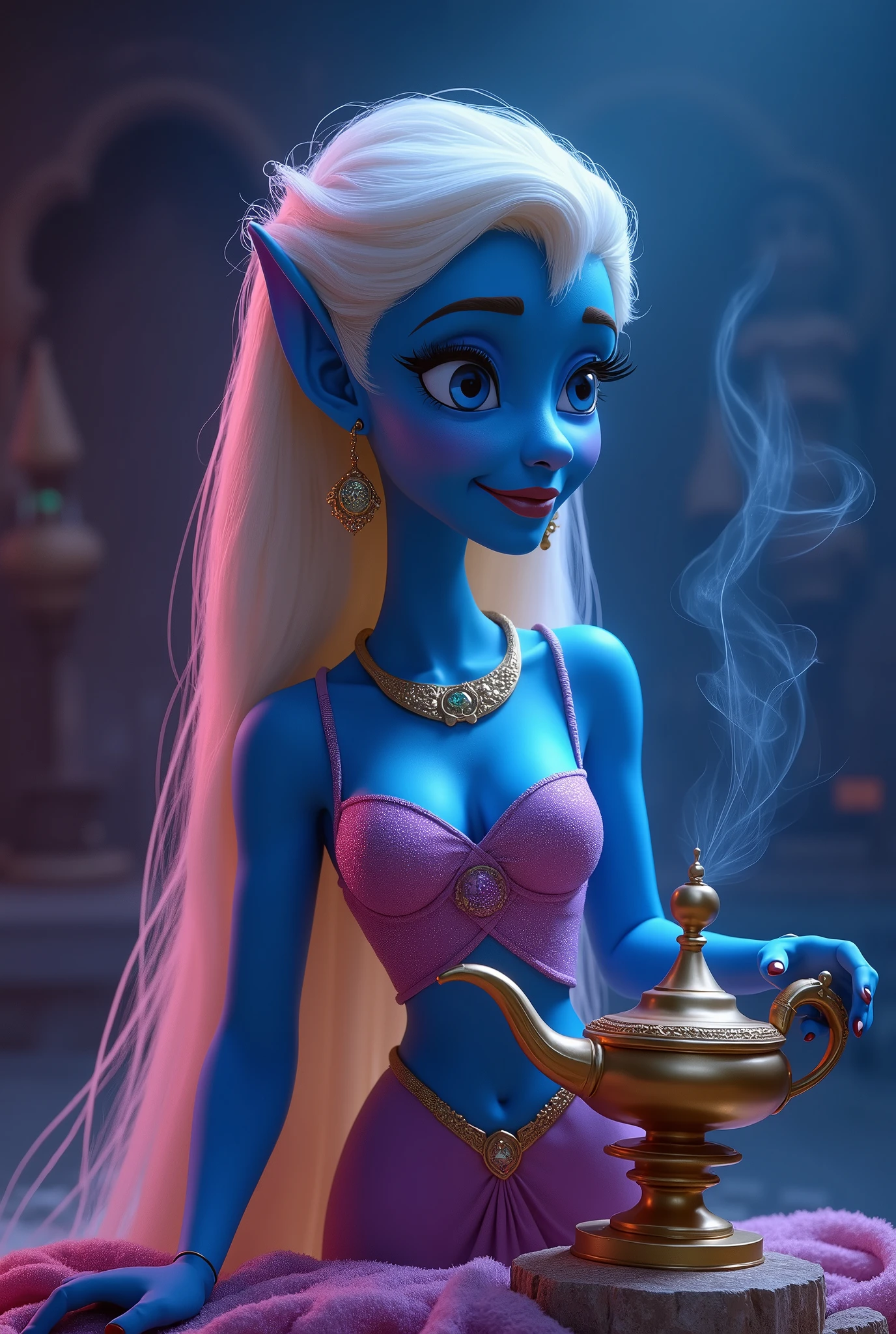 Genie, the jolly lamp fairy from Aladdin. She serves Aladdin as his master and faces various adventures. Jeannie's expression is curious, faintly super-cheerful and good at telling jokes. She is a gentle lamp nymph who always makes everyone around her feel at ease. She is begging for freedom to escape from the lamp where she belongs. Jeannie is a large, macho man with a blue body. He specialises in the ability to transform into anything. He makes the lamp his home and when he rubs it, smoke comes out from the lamp's mouth. It should be wide open, reflecting the surreal world of the desert kingdom of Agrabah. Jolly lamp fairies Jeannie, Aladdin and the Wizard. The lighting is soft yet dramatic, the suitors just as pretentious as they are affectionate and crave freedom. A modern woman who is intelligent, strong and sometimes uses her own beauty as a weapon. The colour palette mixes soft pastels with dark, introspective tones, creating a balance between innocence and her complex thoughts.