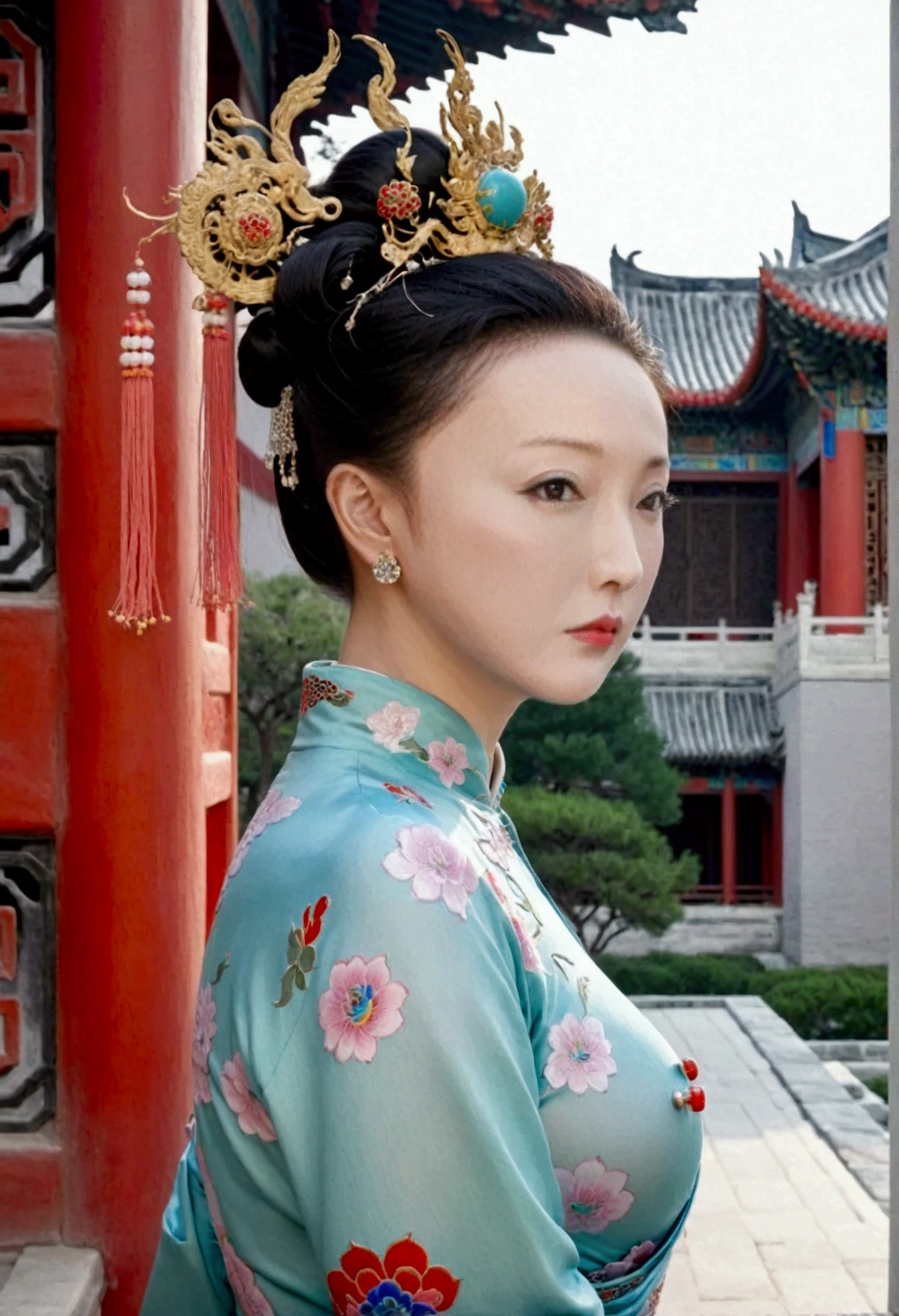 Qing dynasty empress naked and slightly busty, posing on all fours, buttocks protruding from profile, background outside Qing dynasty palace