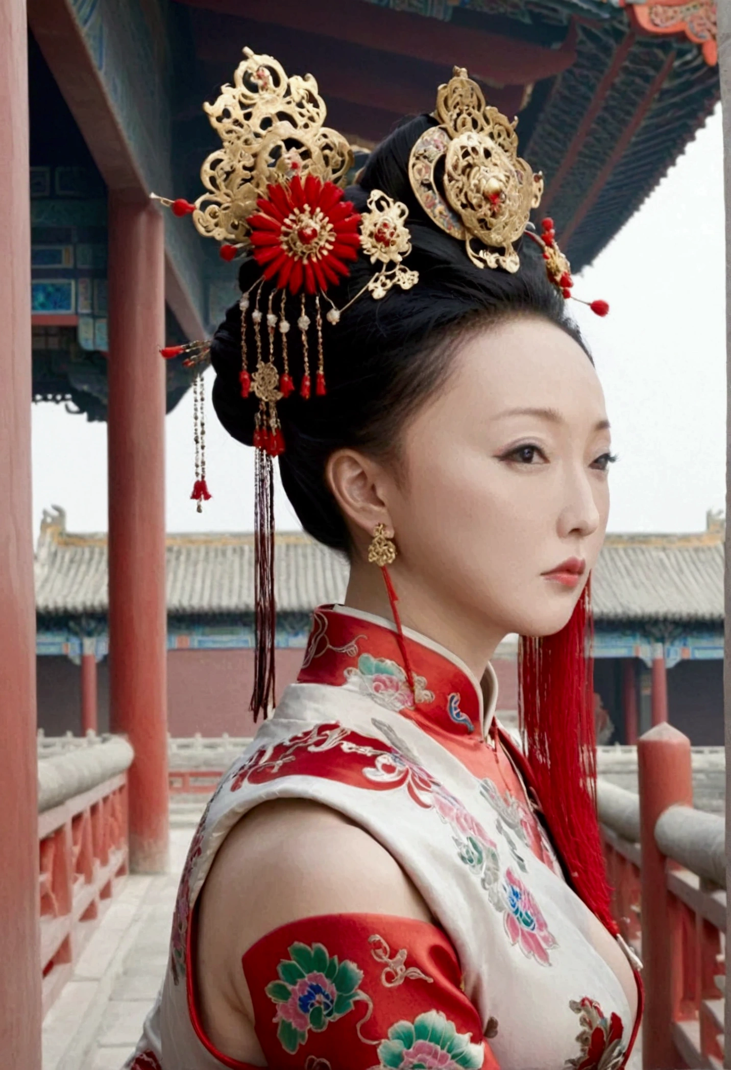 Qing dynasty empress naked and slightly busty, posing on all fours, buttocks protruding from profile, background outside Qing dynasty palace