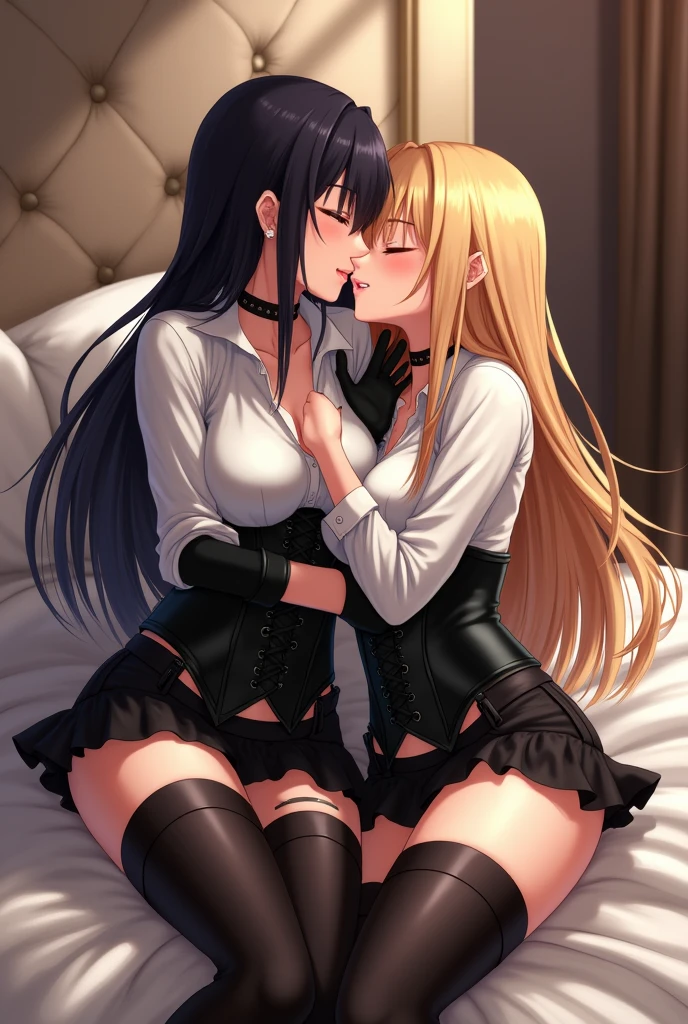 Create an image of two anime women, one on top of the other in a bed while they kiss. One of them wears a choker:1.6, (white long sleeve button down shirt with white collar), black gloves, gloves that cover hands, (black leather corset), (shiny black miniskirt), long black hair, while the other girl wears a choker:1.6, (white long sleeve button down shirt with white collar), black gloves, gloves that cover hands, (black leather corset), (shiny black leggings), long blonde hair and a mischievous expression on her face