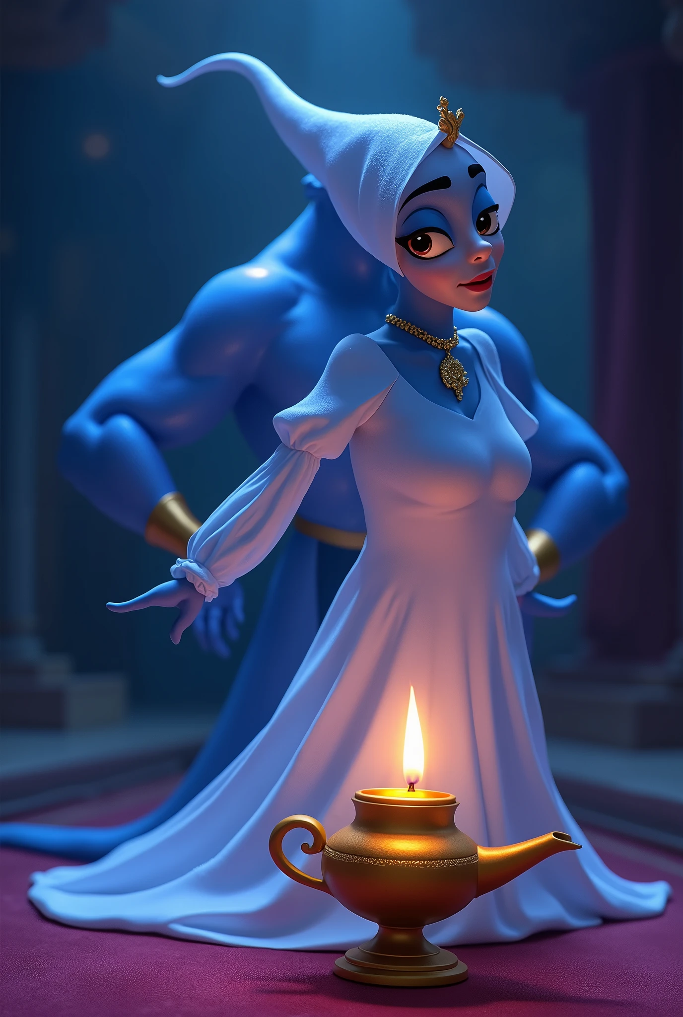 Genie, the jolly lamp fairy from Aladdin. She serves Aladdin as his master and faces various adventures. Jeannie's expression is curious, faintly super-cheerful and good at telling jokes. She is a gentle lamp nymph who always makes everyone around her feel at ease. She is begging for freedom to escape from the lamp where she belongs. Jeannie is a large, macho man with a blue body. He specialises in the ability to transform into anything. He makes the lamp his home and when he rubs it, smoke comes out from the lamp's mouth. It should be wide open, reflecting the surreal world of the desert kingdom of Agrabah. Jolly lamp fairies Jeannie, Aladdin and the Wizard. The lighting is soft yet dramatic, the suitors just as pretentious as they are affectionate and crave freedom. A modern woman who is intelligent, strong and sometimes uses her own beauty as a weapon. The colour palette mixes soft pastels with dark, introspective tones, creating a balance between innocence and her complex thoughts.