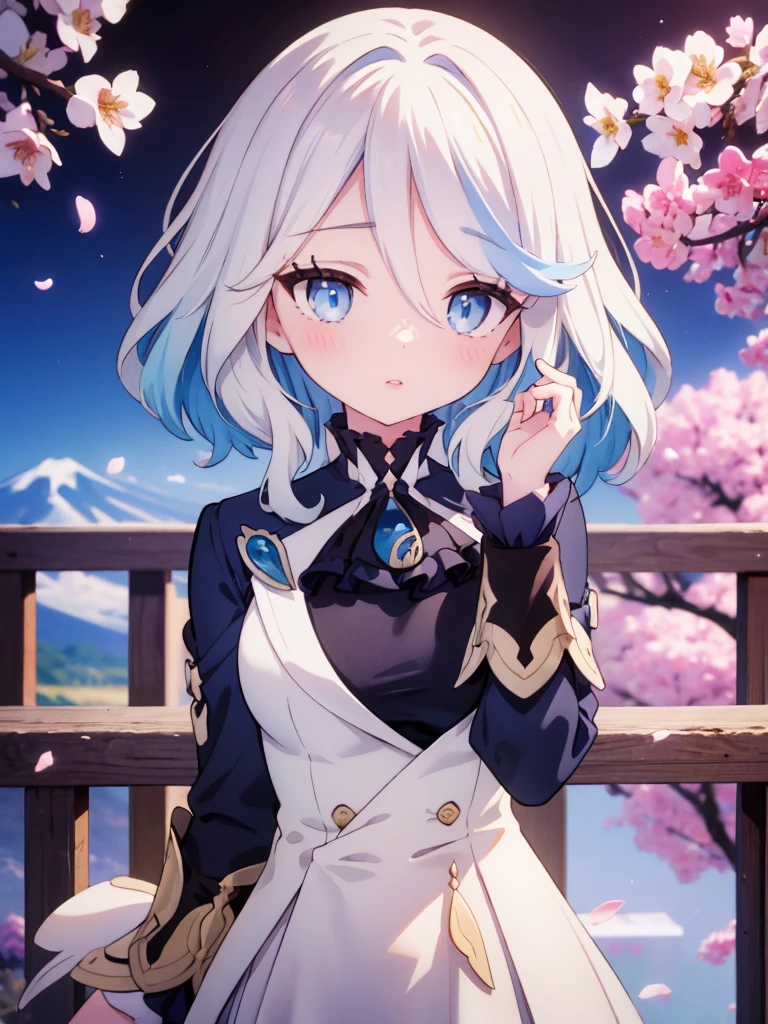 Furina genshin impact, a girl standing on a bridge, detailed beautiful eyes, detailed beautiful lips, extremely detailed face, long eyelashes, beautiful young woman, elegant dress, graceful pose, cherry blossom trees, mount fuji in the background, vibrant colors, soft lighting, detailed 3D render, cinematic composition, (best quality,4k,8k,highres,masterpiece:1.2),ultra-detailed.