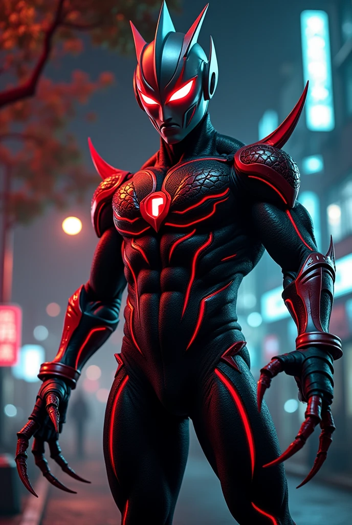 Ultraman、Black and red color scheme、Black as the base color with red pattern lines on the body、whole body muscular、Macho、A large skeleton、A menacing face、Face sharp、Red eyes、Tree Eyes、Narrow eyes、mask、charisma、Long, sharp claws、Magnificent claws、A hard, strong body、A sturdy body with an armor-like texture、A color timer on the chest、A small red color timer、RAW Photos