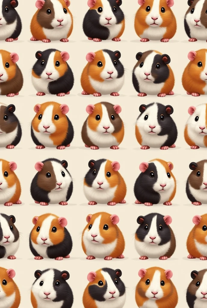 Could you generate a tessellation of guinea pigs from a square, where all the shapes match and there are no gaps?, that has axial symmetry and translation.
That the figures of the animal are together so that they are only guinea pigs(a guinea pig repeated several times,only the model of one repeated several times but that when they are together they fit and do not leave a space)and no other material and that they are in a way that they say a pattern and the figures fit well
