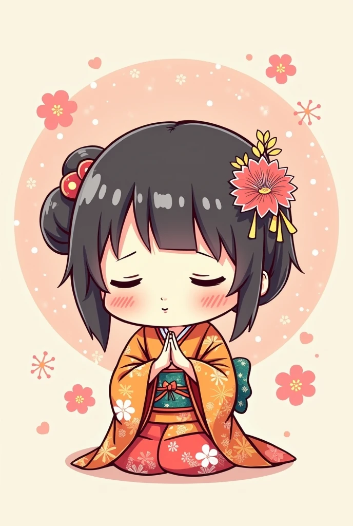 Line stamp、、Dot、Japanese、kimono、Prostration、3:3、apologize、Close ~ eyes、Front view、worship、