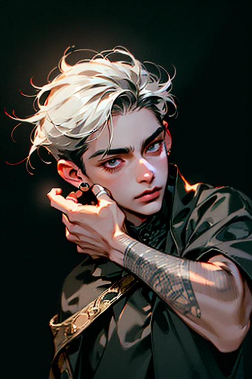 (((8k, RAW photos, Best quality, tmasterpiece: 1.4))), Ultra-high resolution, ultra - detailed, lamplight, Close-up cleavage, Handsome men, gold eyes, (Detailed eyes, The eyes are bright:1.2), Medium long black hair, pale-skinned, ear piercings, medium skin, Black clothes, Meticulous clothes, gold accessories on clothes, (perfect anatomia:1.2), Highqualityshadow, natural lightting, (White highlights:1.2), natta, overcast day, (arm tattoos:1.2), (starrysky:1.2)