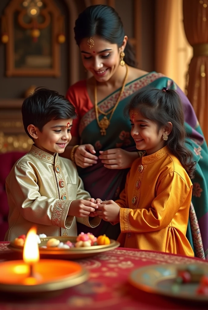 "Create a highly realistic and cinematic scene of Raksha Bandhan. In the scene, a beautiful girl is tying a Rakhi on the wrists of two handsome boys, all dressed in traditional Indian attire. The girl is wearing an elegant saree, and the boys are in well-fitted kurtas. The setting is inside a luxurious house with extraordinary interior design, featuring intricate decorations, plush furniture, and rich textures. The room is adorned with traditional Raksha Bandhan items like an aarti thali with a lit diya, tilak, garlands (mala), sweets, and other pooja items. Both boys have a tilak applied on their foreheads. The entire scene should be captured in stunning 8K resolution with a cinematic quality, emphasizing the vibrant colors and festive atmosphere."