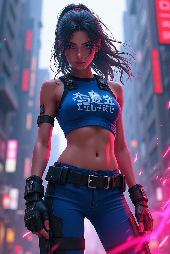 Mobile Game Striker Blood Strike, Ran de Blood Strike, Ectomorph Girl, combat gloves, easy Asian features, blue vest with Japanese lettering, Bare abdomen, very tight combat pants.