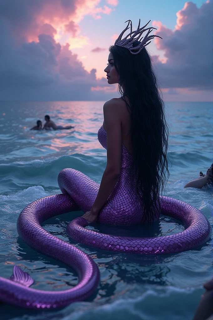 ((Best picture quality, 8k, tmasterpiece:1.3)), 1 Queen Medusa,(Break through the sky), Beautiful woman with slender abs:1.3, cabelos preto e longos,( No leakage of big breasts:1.2), snake scales:1.1, (mermaids:1.2),(Elongated snake tail:1.3),Ultra-realistic purple scales,Ultra-fine face, A detailed eye, double eyelid,The skin is smooth and delicate,Reflective skin,They want,Beds,Sit Pose,Faraway view