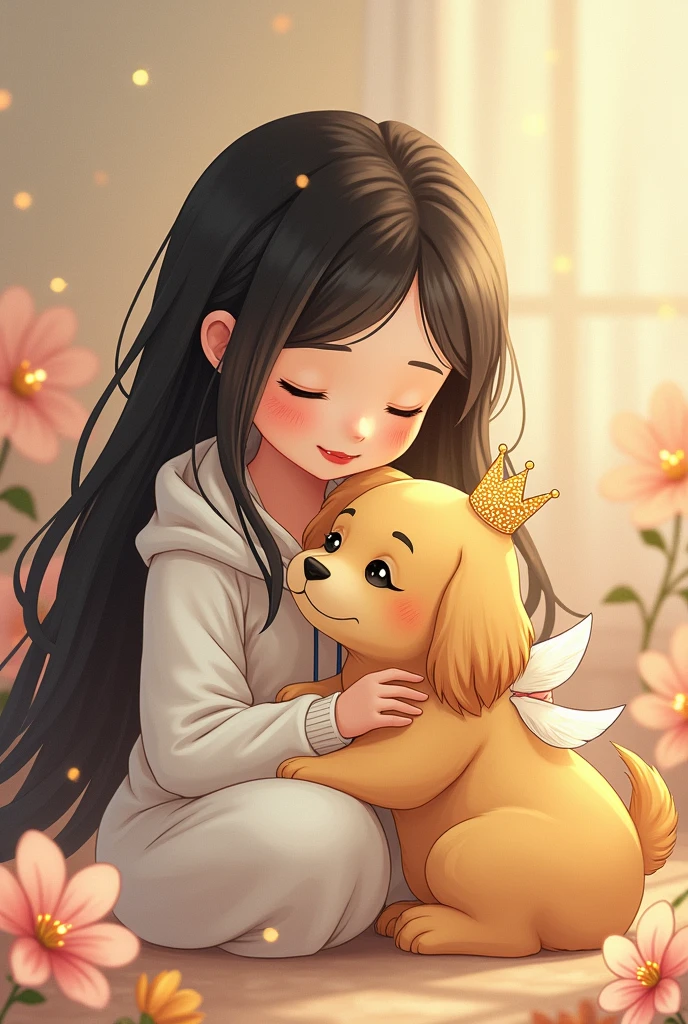 My mom is a lady with long black hair.

A white hoodie.

With the  dog that passed away, she was chubby and had a yellow color with black stripes with an angel crown and wings. 
