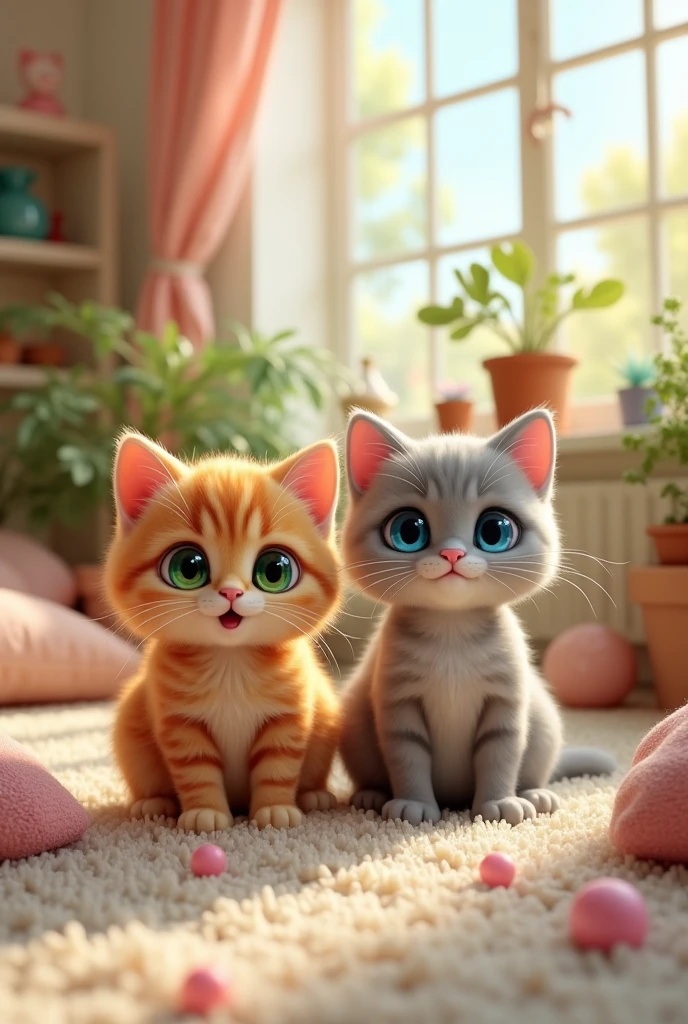 Two male and female cats, best friends. They are in a cute room, sitting on the carpet. Their eyes are big and they look adorable. The details are beautiful and cute.