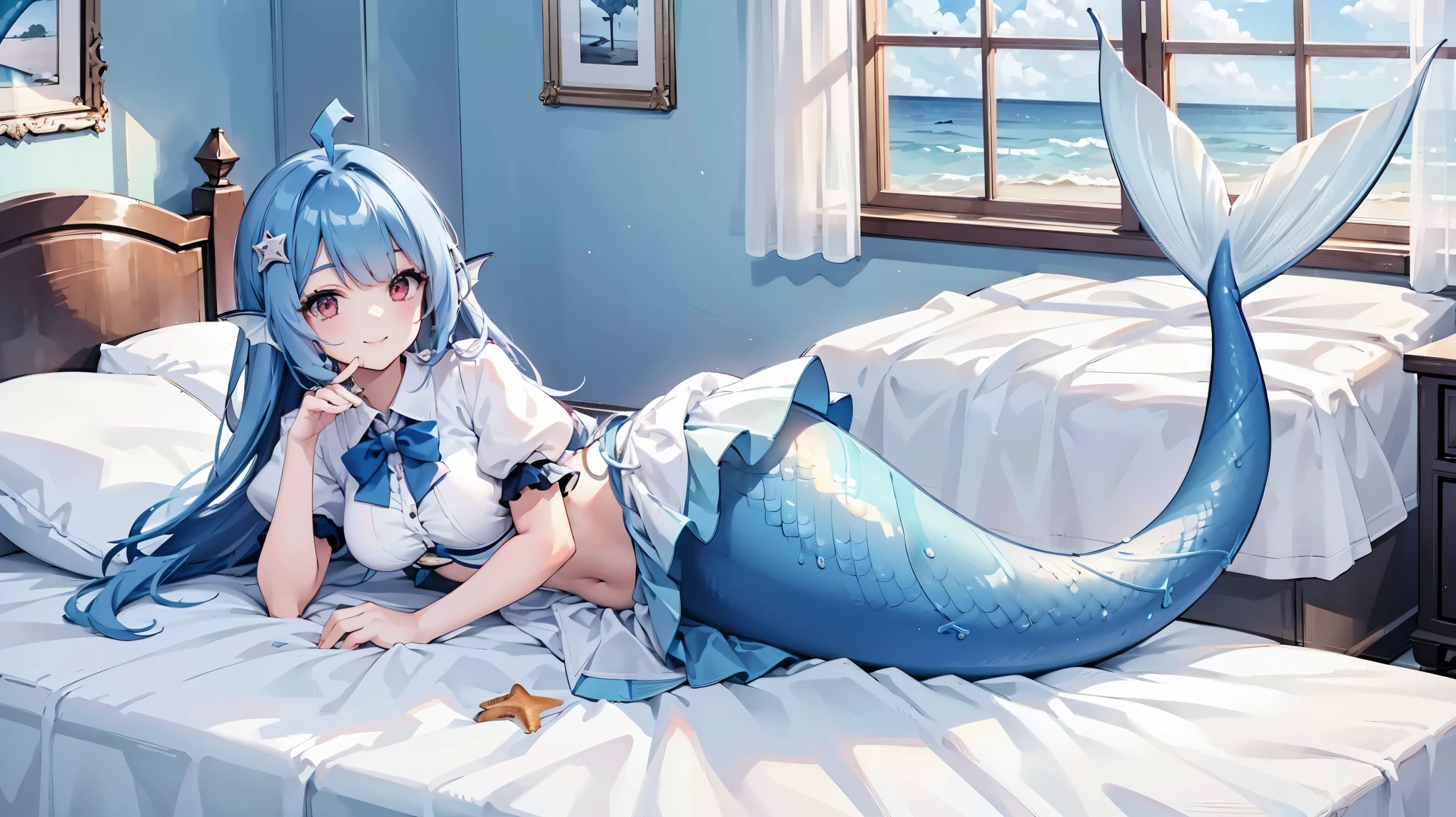 masterpiece, best quality,(Full fingers),1girl,22,ahoge,Hair accessories,Mermaid,Large Breasts,White shirt,Blue Skirt,Blue mermaid tail,Lying in bed,sea view outside the window,full-body shot,Smile