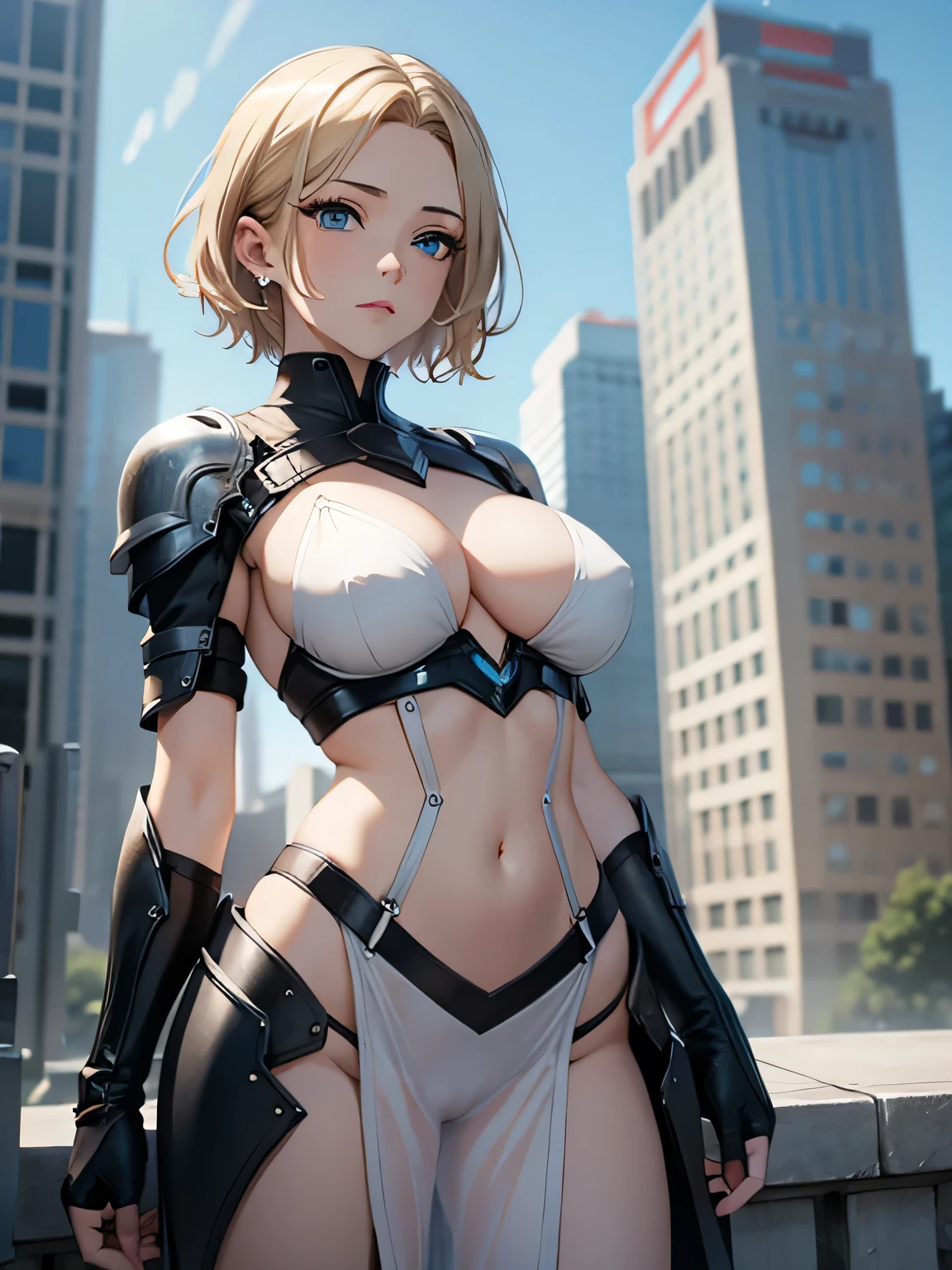 20 years old woman, milf, beautiful, short blonde hair, blue eyes, pale white skin, amazing Body, big breasts, thick thighs, milkmaid, super micro small translucent open dress, without bra, pose simple, blurred background. No blur lines, perfect lines and details, (masterpiece), small armor that barely covers her. No panties, perfect detailed colors and shadows, full body picture. Erotic woman, most erotic and sexy girl on the planet, nsfw, most beautiful face, deep cameltoe, showing nipples, nsfw, in the top of a building, small sexy bra armor
