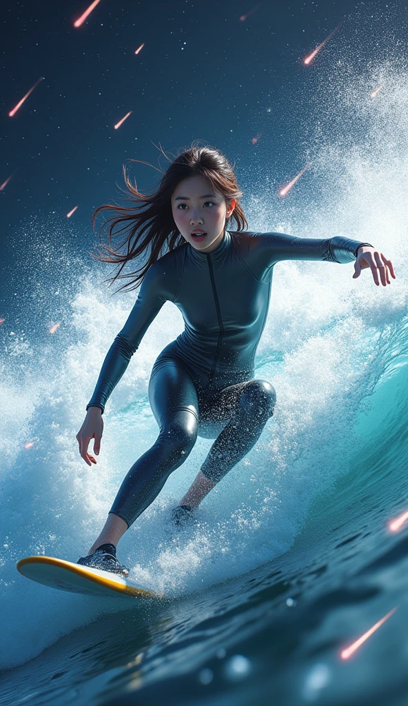 ultra-realistic, photorealistic, (20 years old Japanese famous idol girl:1.5), very beautiful Japanese but space surfer, surfing on the meteor shower, amazing view of galaxy and planets, dynamic surfing pose, masterpiece, (face focus:1.6), beautiful eyes, wearing a stylish wetsuits for surfing, very large breasts, beautiful face, very surprised expressions