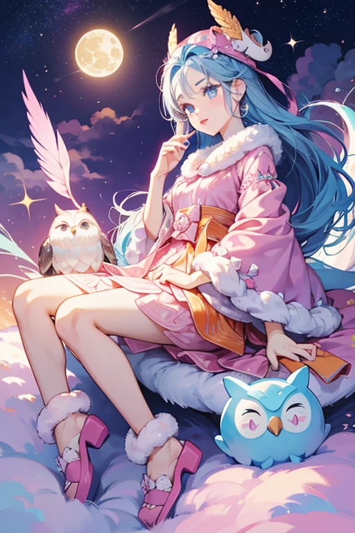 Ohana Owl has white skin with blue eyes, brown eyebrows, and pink lips. She has grey feather details on her cheeks and forehead along with her nose. She has long blue hair that reach down to her hips. She has no animal type ears or a tail.
Ohana wears a molded-on bodice That is light blue with a moon, clouds, and stars on it. Her skirt is removable with a pink band and a jagged cut. The skirt is a purple and pink ombre color with moons, clouds, stars, and rainbows on it. The look is augmented with a purple fur stole.
Her shoes are orange slippers with a furry texture on them and they have owl faces. She wears a pink sleeping cap and has a blue sleeping mask with an orange beak on it. SPARKLE; GLITTER