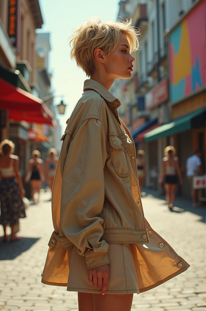 woman in profile, Whole body, with short blonde hair, wearing a skirt and a large jacket