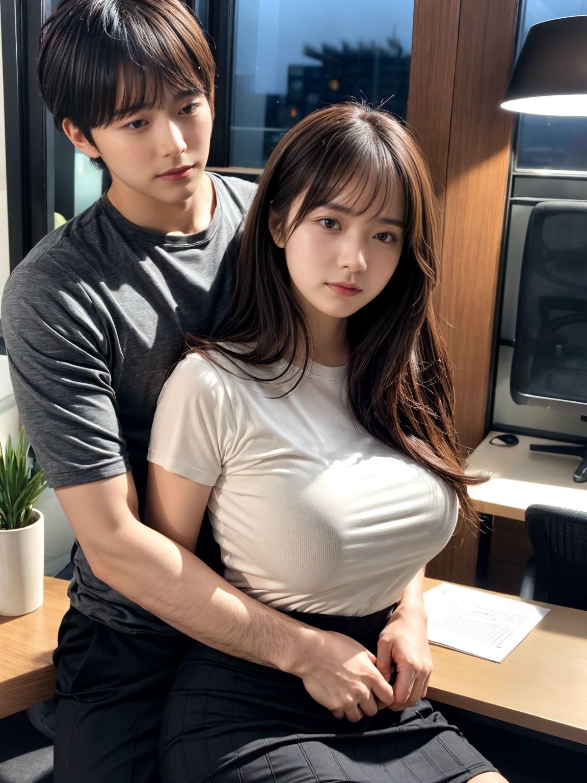 A handsome CEO with his beutiful girlfriend,who is on wear tight t-shirt and skirt having sexual intercourse together with him in his luxury office at night.
While he carefully romantically falls down her hair., laege breasts, Hug from behind.