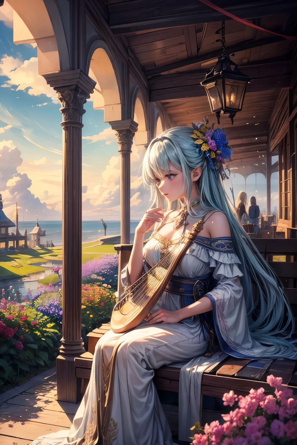 "Oil, ((Mysterious Girl)), The sound of the harp resonates through the air., A pavilion surrounded by wildflowers, ((Dramatic cloud formation)), A rich palette, Fantasy World, Magical Aura"