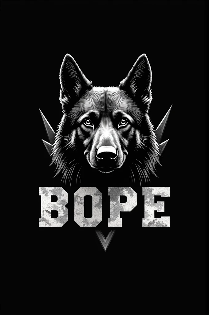 A logo of the BOPE police force with a dog head, black camouflage background, and the word BOPE.