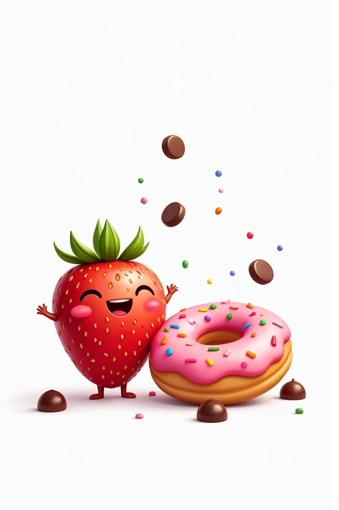 A cute strawberry smiling along with a small pink donut smiling happily and chocolate drops with a white background