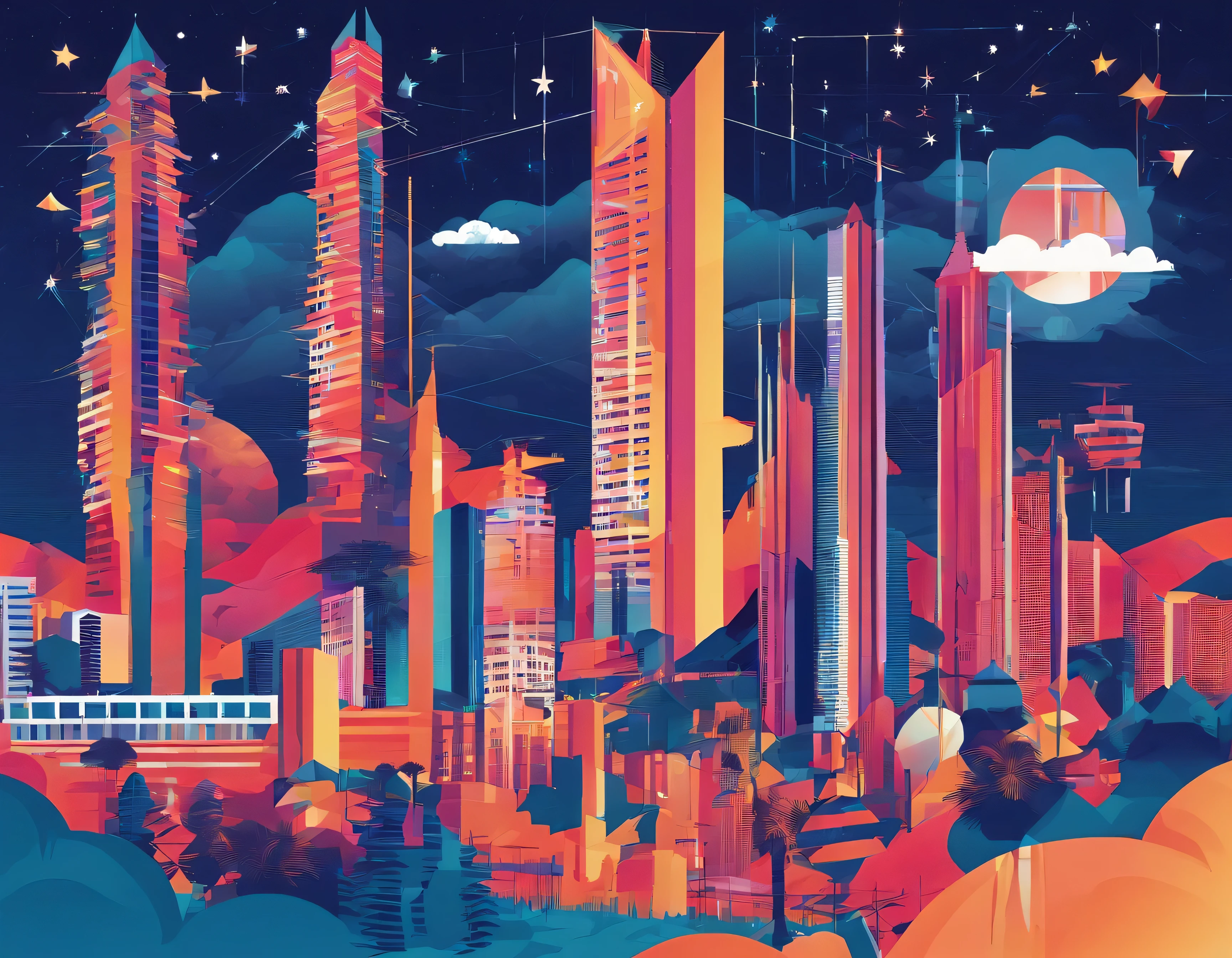 Caracas Parque central towers and avila moutain landscape wallpaper took from long away, very clear photo and a blue night sky with bright stars and neon lights towers