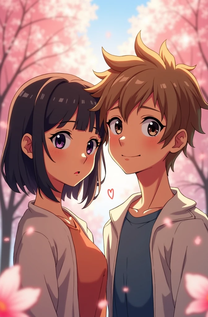 I want you to create an anime style portrait of the characters, a boy and a girl, The girl has brown skin, black eyes and straight shoulder-length hair with a fringe, has thick lips, medium-sized nose and slanted eyes , the boy has light brown hair, with light brown eyes, thick lips and a small nose, she has a wolfcut hairstyle