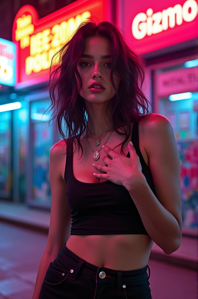 Lisa from blackpink wearing tight tank holding her breast as her hair messy a little holding the police dept showing date and name “gizmo.”